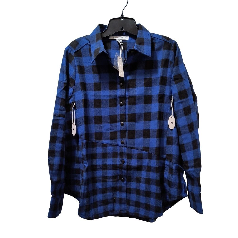 Loyal Hana Blake Maternity Nursing Shirt Medium Blue Black Plaid Flannel NWT